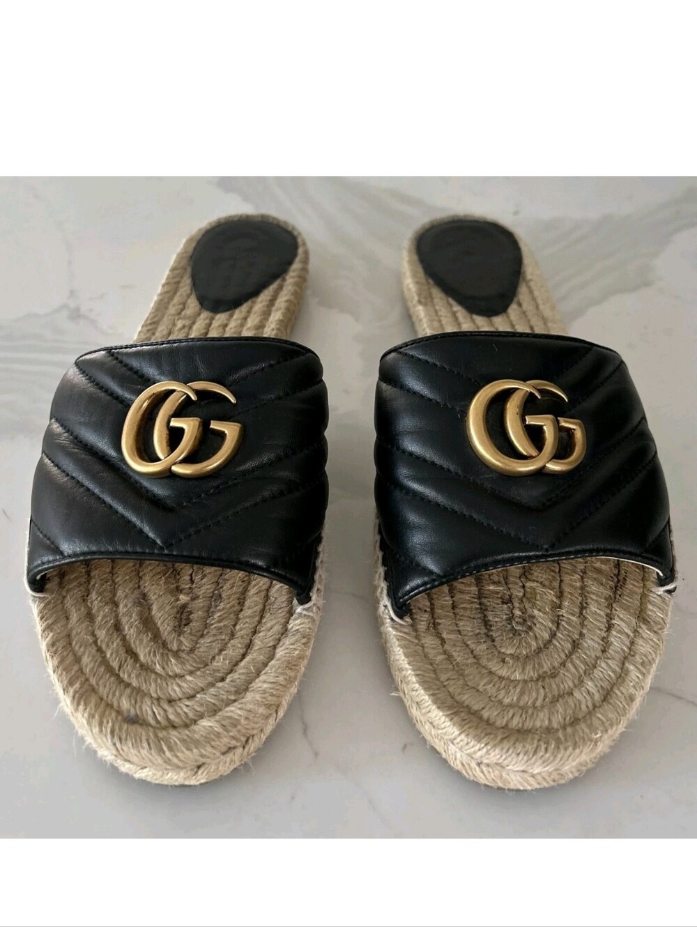GUCCI Black Nappa Matelasse Gold GG Marmont Espadrille Slide Sandals 10 US = 41 - Picture 3 of 15